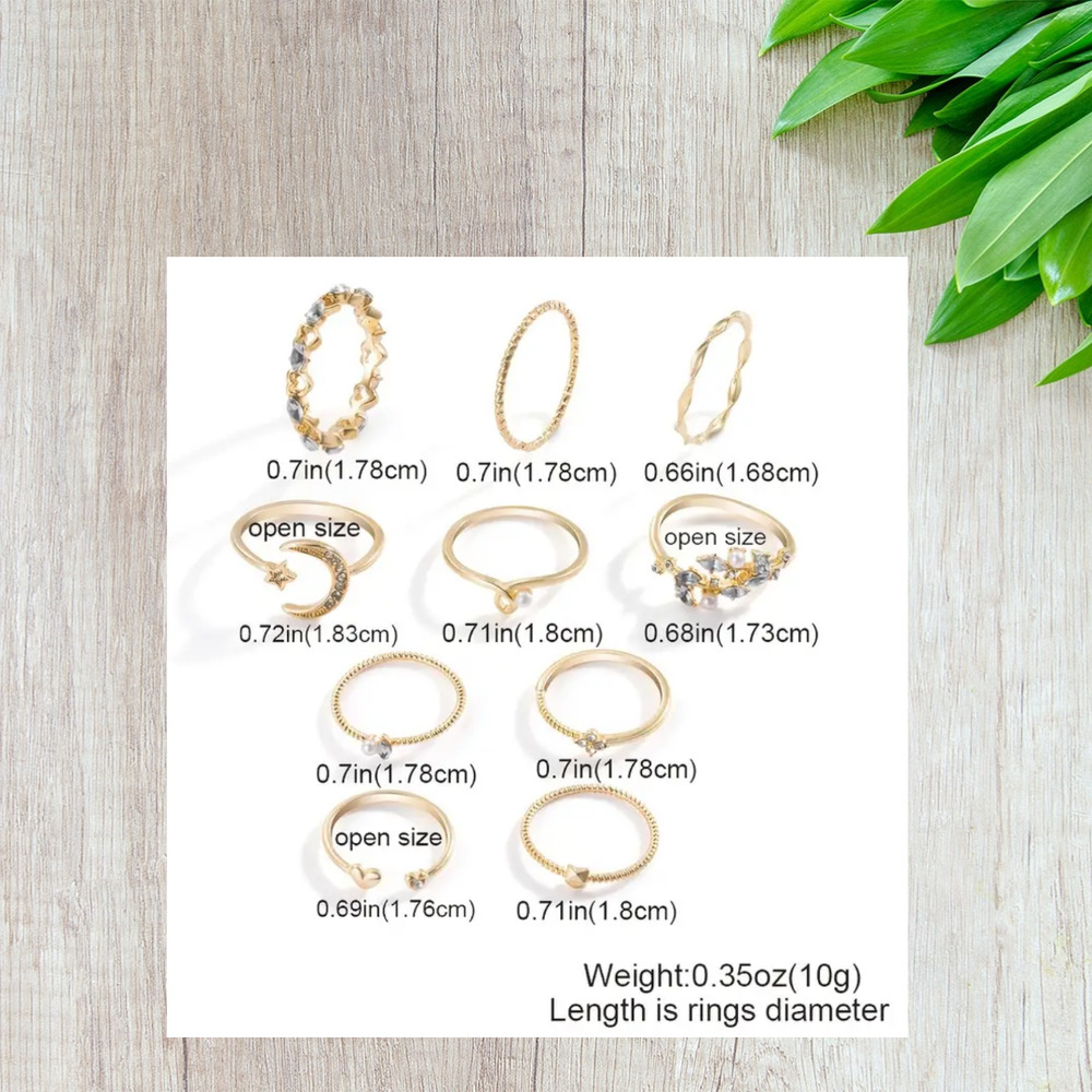 Flower, Moon, and Stars Boho Gold Stacking Rings - 10 Pieces - Picture 3 of 3